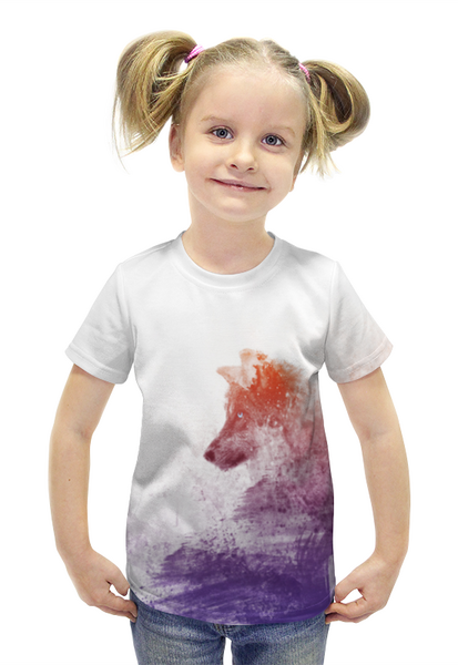 Заказать детскую футболку в Москве. Футболка с полной запечаткой для девочек Волк в красках от  PRO_DESIGN - готовые дизайны и нанесение принтов.