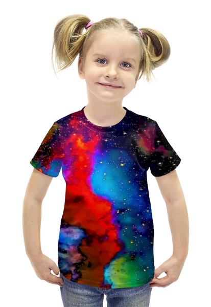 Заказать детскую футболку в Москве. Футболка с полной запечаткой для девочек Краски космоса от THE_NISE  - готовые дизайны и нанесение принтов.