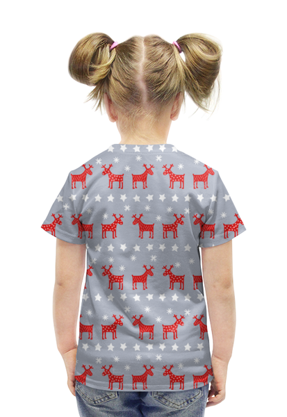 Заказать детскую футболку в Москве. Футболка с полной запечаткой для девочек новогодние олени от Amerikanka - готовые дизайны и нанесение принтов.