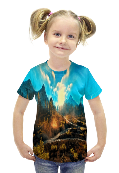 Заказать детскую футболку в Москве. Футболка с полной запечаткой для девочек Лес в горах от THE_NISE  - готовые дизайны и нанесение принтов.