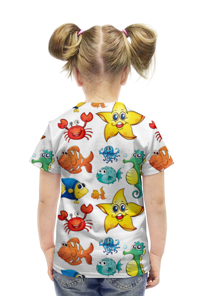 Заказать детскую футболку в Москве. Футболка с полной запечаткой для девочек Морские обитатели от T-shirt print  - готовые дизайны и нанесение принтов.