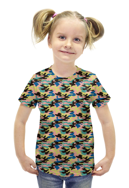 Заказать детскую футболку в Москве. Футболка с полной запечаткой для девочек Камуфляж Желто-синий от Аня Лукьянова - готовые дизайны и нанесение принтов.