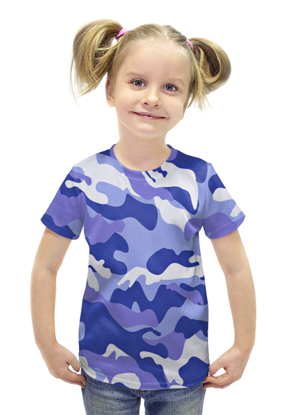 Заказать детскую футболку в Москве. Футболка с полной запечаткой для девочек Сине-Белый Камуфляж от armyshop - готовые дизайны и нанесение принтов.