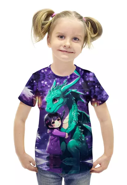 Заказать детскую футболку в Москве. Футболка с полной запечаткой для девочек Зеленый аниме дракон символ 2024 года от JarOfHoney  - готовые дизайны и нанесение принтов.