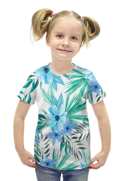 Заказать детскую футболку в Москве. Футболка с полной запечаткой для девочек Синие цветы от THE_NISE  - готовые дизайны и нанесение принтов.