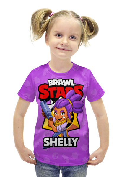 Заказать детскую футболку в Москве. Футболка с полной запечаткой для девочек BRAWL STARS SHELLY от geekbox - готовые дизайны и нанесение принтов.