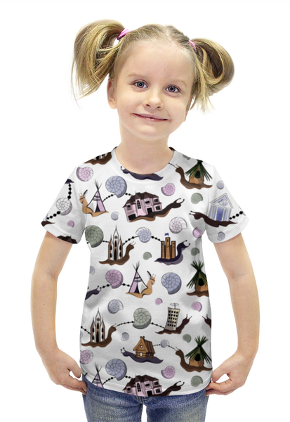 Заказать детскую футболку в Москве. Футболка с полной запечаткой для девочек УЛИТКИ И ДОМИКИ от ELENA ZHARINOVA - готовые дизайны и нанесение принтов.