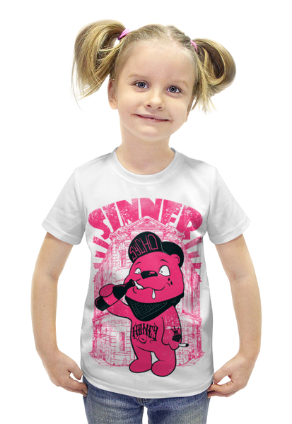 Заказать детскую футболку в Москве. Футболка с полной запечаткой для девочек Медведь бандит от denis01001 - готовые дизайны и нанесение принтов.