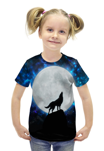 Заказать детскую футболку в Москве. Футболка с полной запечаткой для девочек Волк Луна от  PRO_DESIGN - готовые дизайны и нанесение принтов.