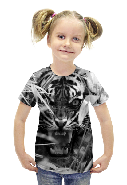 Заказать детскую футболку в Москве. Футболка с полной запечаткой для девочек Тигр. Взгляд из зарослей от Виктор Гришин - готовые дизайны и нанесение принтов.