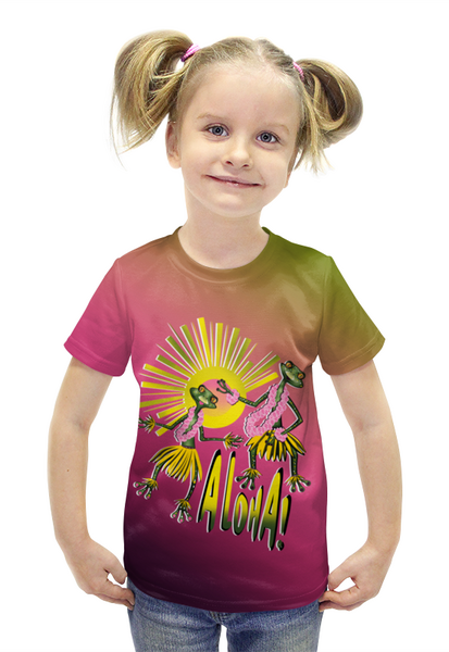 Заказать детскую футболку в Москве. Футболка с полной запечаткой для девочек ГАВАЙСКИЕ ЛЯГУШКИ от ELENA ZHARINOVA - готовые дизайны и нанесение принтов.