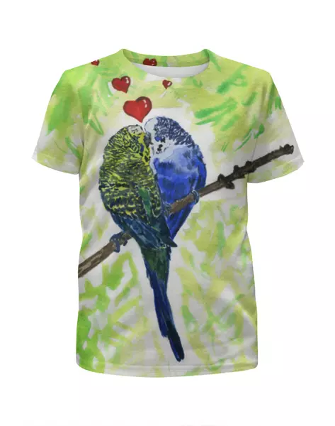 Заказать детскую футболку в Москве. Футболка с полной запечаткой для девочек Влюбленные попугайчики от Olia Shipilova - готовые дизайны и нанесение принтов.