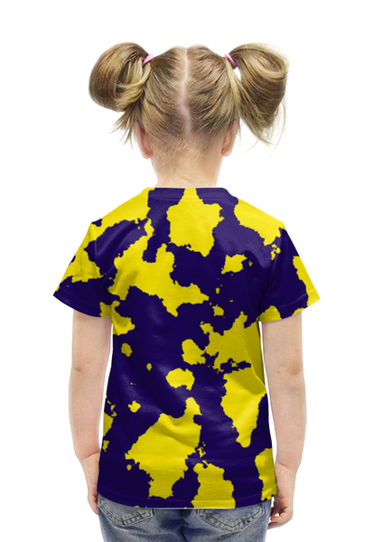 Заказать детскую футболку в Москве. Футболка с полной запечаткой для девочек Жёлто-Синий Камуфляж от armyshop - готовые дизайны и нанесение принтов.