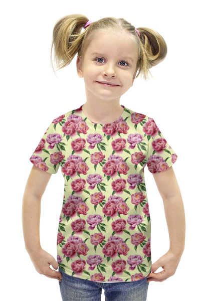 Заказать детскую футболку в Москве. Футболка с полной запечаткой для девочек Пионы от y.derbisheva@gmail.com - готовые дизайны и нанесение принтов.