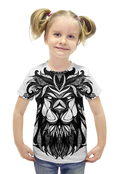 Заказать детскую футболку в Москве. Футболка с полной запечаткой для девочек Лев в чёрно-белом варианте от Виктор Гришин - готовые дизайны и нанесение принтов.
