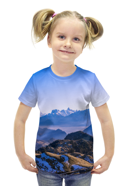Заказать детскую футболку в Москве. Футболка с полной запечаткой для девочек Скалы от THE_NISE  - готовые дизайны и нанесение принтов.