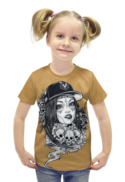 Заказать детскую футболку в Москве. Футболка с полной запечаткой для девочек Девушка и черепа с розами от Leichenwagen - готовые дизайны и нанесение принтов.