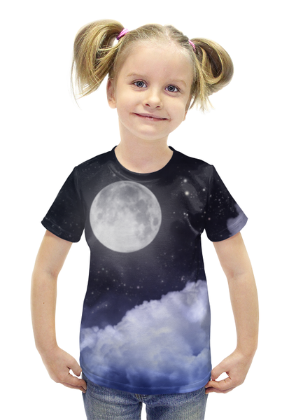Заказать детскую футболку в Москве. Футболка с полной запечаткой для девочек Ночь и луна от weeert - готовые дизайны и нанесение принтов.