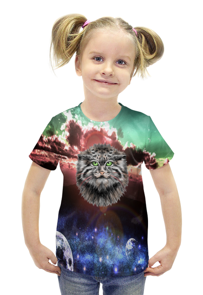 Заказать детскую футболку в Москве. Футболка с полной запечаткой для девочек Кот в космосе от THE_NISE  - готовые дизайны и нанесение принтов.