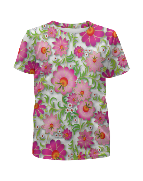 Заказать детскую футболку в Москве. Футболка с полной запечаткой для девочек Розовые цветы от THE_NISE  - готовые дизайны и нанесение принтов.