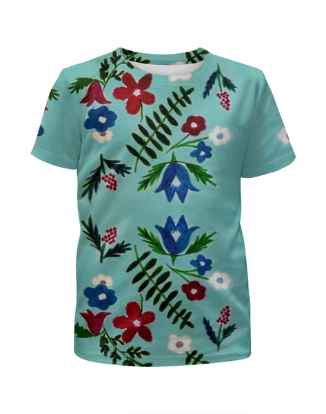Заказать детскую футболку в Москве. Футболка с полной запечаткой для девочек Цветы на голубом от mrs-snit@yandex.ru - готовые дизайны и нанесение принтов.
