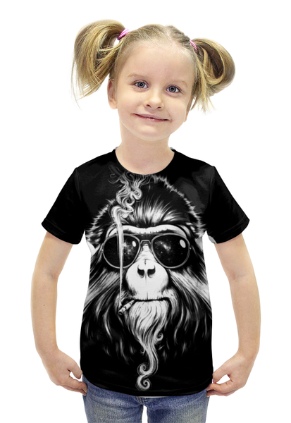 Заказать детскую футболку в Москве. Футболка с полной запечаткой для девочек Курящая Обезьяна от printik - готовые дизайны и нанесение принтов.