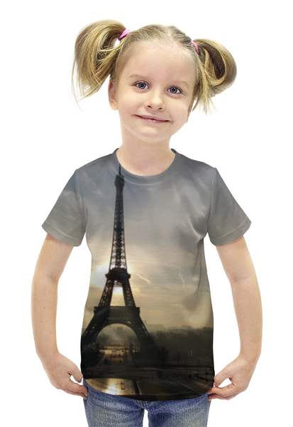 Заказать детскую футболку в Москве. Футболка с полной запечаткой для девочек Эйфелева башня на закате от Romario  - готовые дизайны и нанесение принтов.