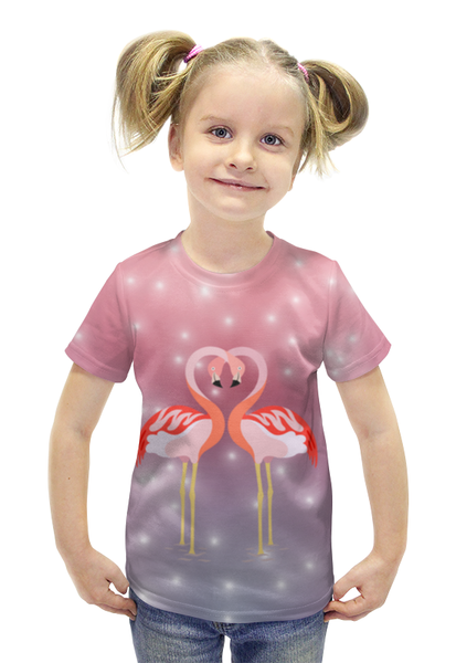 Заказать детскую футболку в Москве. Футболка с полной запечаткой для девочек Влюбленные фламинго от Ordwen - готовые дизайны и нанесение принтов.