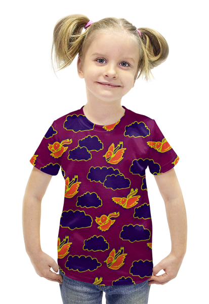 Заказать детскую футболку в Москве. Футболка с полной запечаткой для девочек Птички и облака от THE_NISE  - готовые дизайны и нанесение принтов.