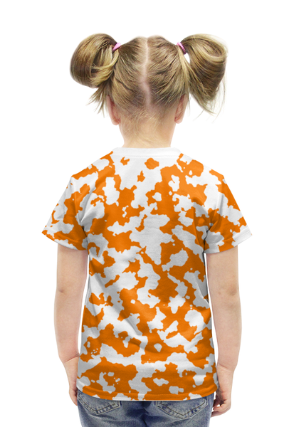 Заказать детскую футболку в Москве. Футболка с полной запечаткой для девочек Камуфляж Бело-Оранжевый от armyshop - готовые дизайны и нанесение принтов.