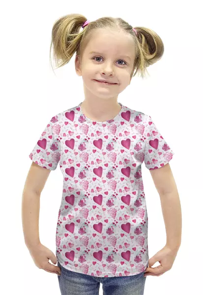 Заказать детскую футболку в Москве. Футболка с полной запечаткой для девочек Милые сердечки от Olia Shipilova - готовые дизайны и нанесение принтов.
