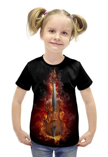 Заказать детскую футболку в Москве. Футболка с полной запечаткой для девочек Скрипка в огне от Leichenwagen - готовые дизайны и нанесение принтов.