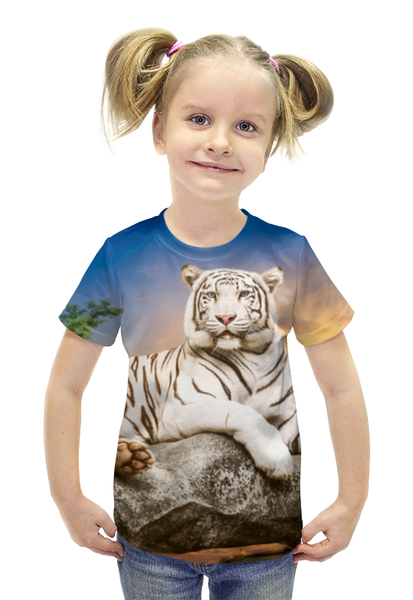 Заказать детскую футболку в Москве. Футболка с полной запечаткой для девочек Белый тигр от THE_NISE  - готовые дизайны и нанесение принтов.