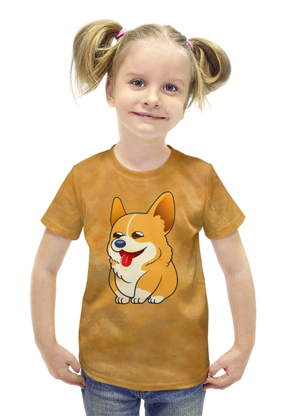 Заказать детскую футболку в Москве. Футболка с полной запечаткой для девочек Корги  от T-shirt print  - готовые дизайны и нанесение принтов.