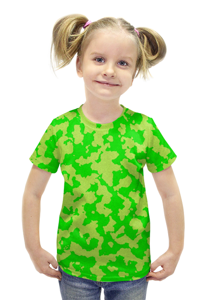 Заказать детскую футболку в Москве. Футболка с полной запечаткой для девочек Ярко-Зелёный Камуфляж от armyshop - готовые дизайны и нанесение принтов.