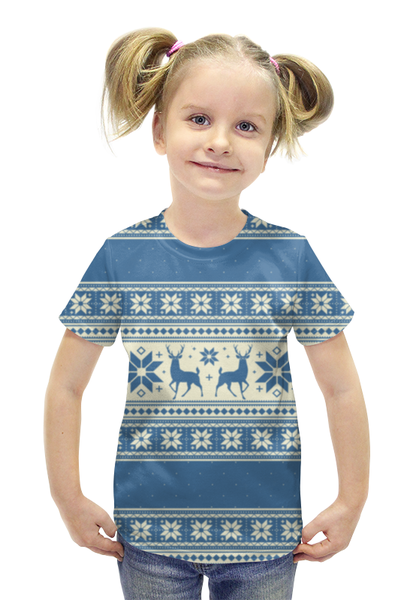 Заказать детскую футболку в Москве. Футболка с полной запечаткой для девочек Вязаные олени от Vasilixa - готовые дизайны и нанесение принтов.