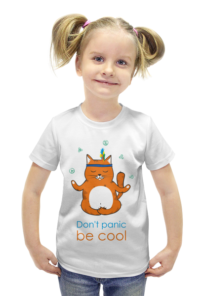 Заказать детскую футболку в Москве. Футболка с полной запечаткой для девочек Рыжий котик Don't panic be cool - it's idea shop от volzara - готовые дизайны и нанесение принтов.