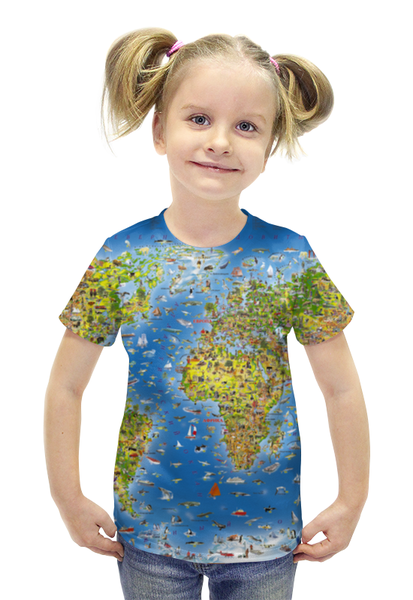 Заказать детскую футболку в Москве. Футболка с полной запечаткой для девочек WORLD MAP от CoolDesign - готовые дизайны и нанесение принтов.