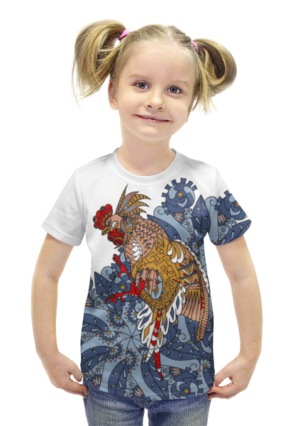 Заказать детскую футболку в Москве. Футболка с полной запечаткой для девочек петушиное разноцветие от Игма - готовые дизайны и нанесение принтов.