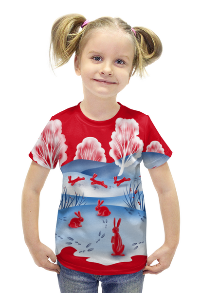 Заказать детскую футболку в Москве. Футболка с полной запечаткой для девочек КРАСНЫЕ ЗАЙЦЫ от ELENA ZHARINOVA - готовые дизайны и нанесение принтов.