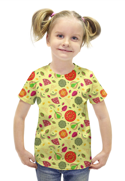 Заказать детскую футболку в Москве. Футболка с полной запечаткой для девочек Кусочки овощей от IrinkaArt  - готовые дизайны и нанесение принтов.