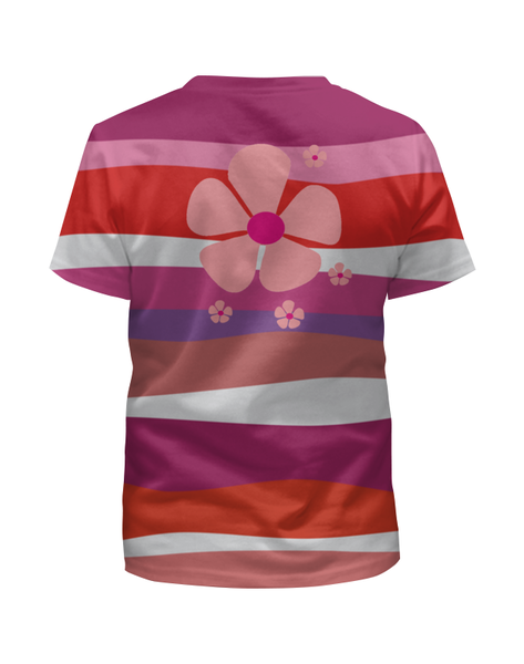 Заказать детскую футболку в Москве. Футболка с полной запечаткой для девочек красные волны с розовым цветком от nikol - готовые дизайны и нанесение принтов.