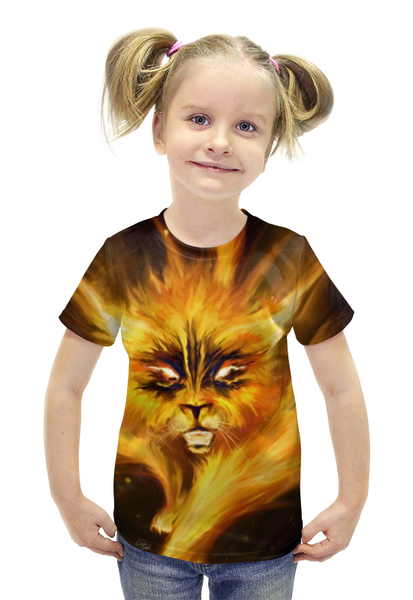 Заказать детскую футболку в Москве. Футболка с полной запечаткой для девочек огненный кот от sofia2003 - готовые дизайны и нанесение принтов.