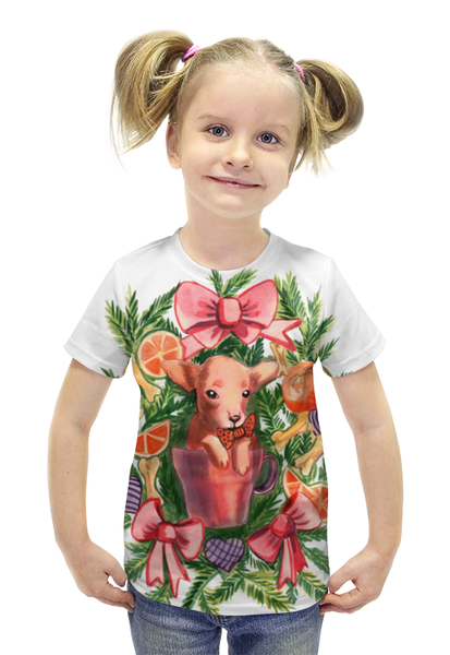 Заказать детскую футболку в Москве. Футболка с полной запечаткой для девочек акварельная новогодняя забавная собака от Игма - готовые дизайны и нанесение принтов.