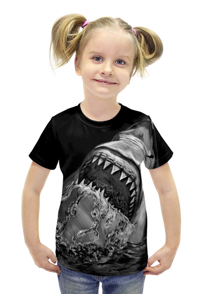 Заказать детскую футболку в Москве. Футболка с полной запечаткой для девочек Акула от printik - готовые дизайны и нанесение принтов.