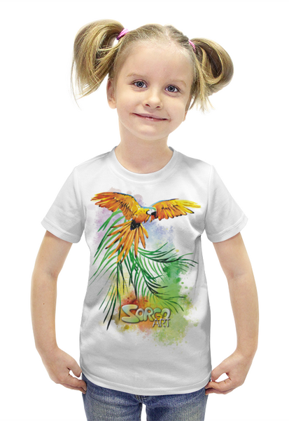 Заказать детскую футболку в Москве. Футболка с полной запечаткой для девочек Тропические птицы. От Зорго-АРТ от Zorgo-Art  - готовые дизайны и нанесение принтов.