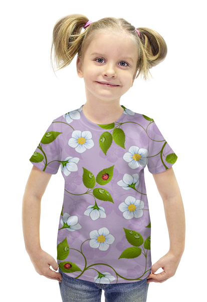 Заказать детскую футболку в Москве. Футболка с полной запечаткой для девочек Цветки клубники от THE_NISE  - готовые дизайны и нанесение принтов.