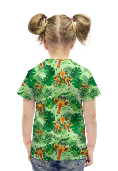 Заказать детскую футболку в Москве. Футболка с полной запечаткой для девочек Большие жирафы и жирафята в тропических листьях от IrinkaArt  - готовые дизайны и нанесение принтов.
