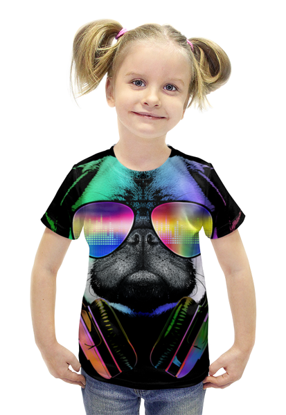 Заказать детскую футболку в Москве. Футболка с полной запечаткой для девочек Диджей Мопс от printik - готовые дизайны и нанесение принтов.
