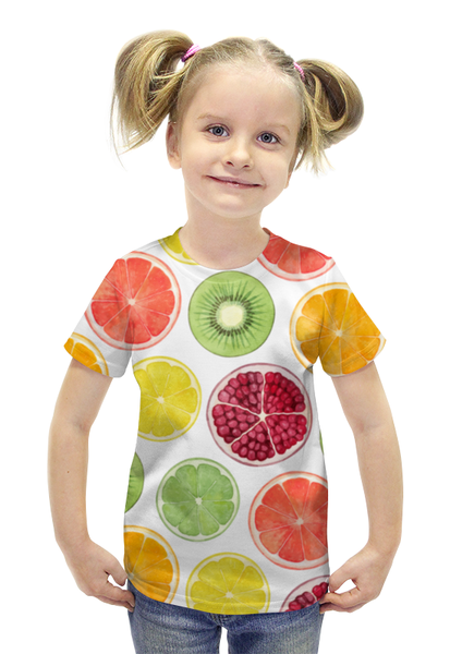 Заказать детскую футболку в Москве. Футболка с полной запечаткой для девочек Фруктовая от BeliySlon - готовые дизайны и нанесение принтов.